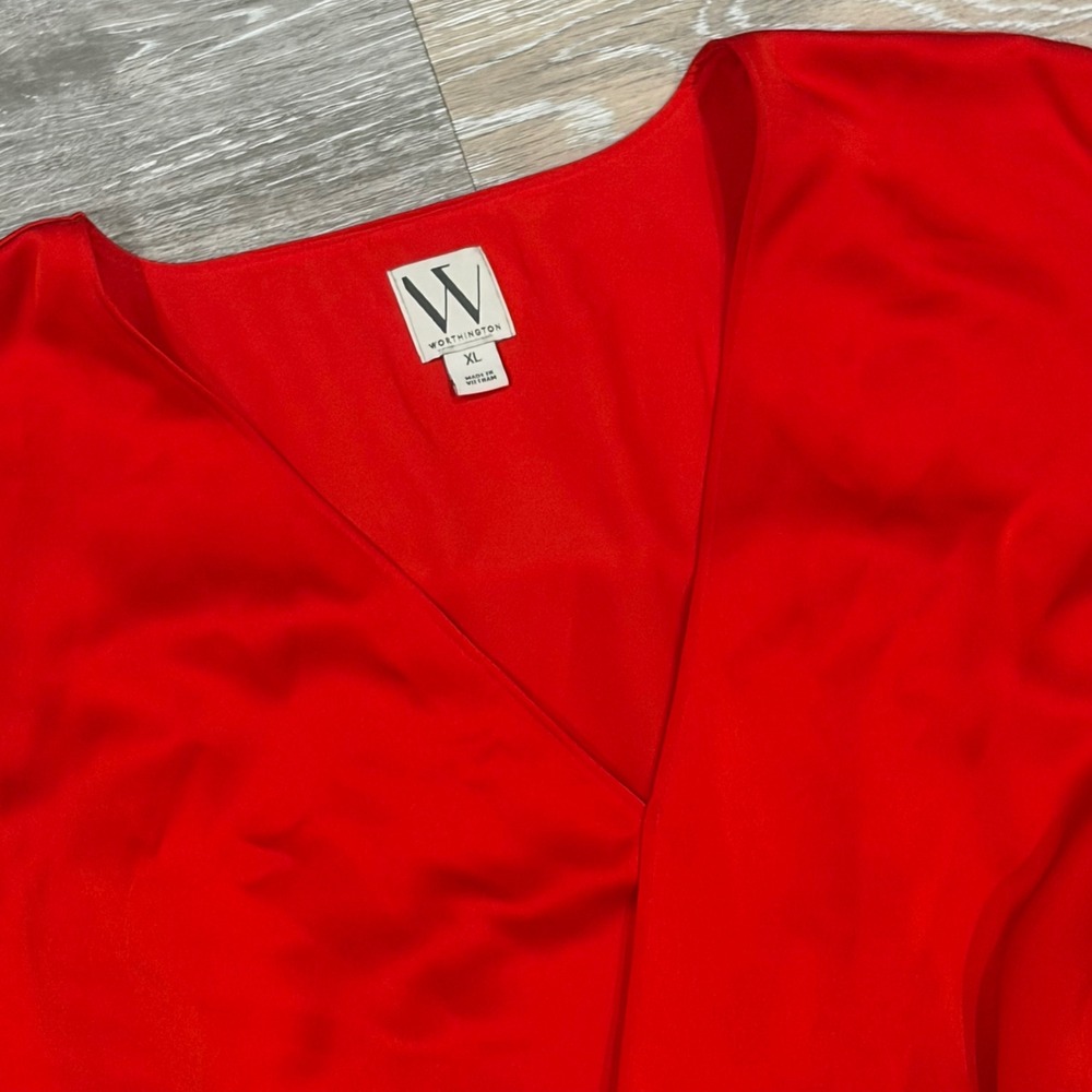 Worthington Red Faux Wrap Dress Long Sleeve Satin V-Neck XL Holiday Cocktail